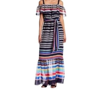 Eliza J Cold Shoulder Striped Flounce Maxi Dress Size 4